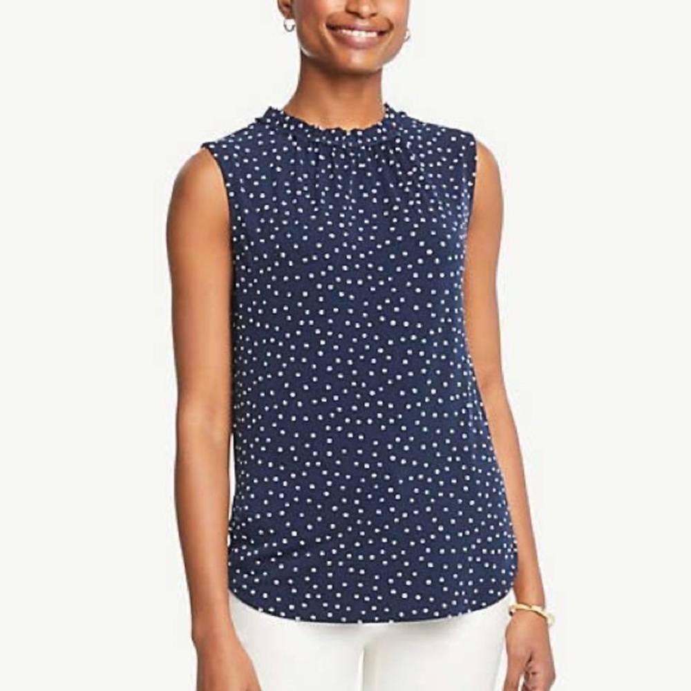Sleeveless Ruffle Mockneck Polka Dot Tank Blouse in White / Navy